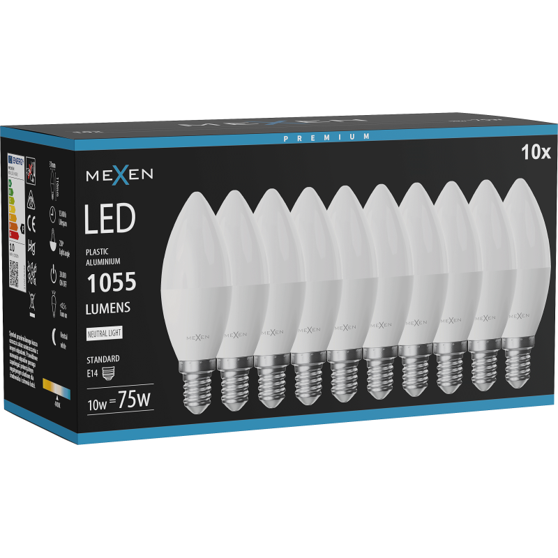 Mexen Nova 10x LED izzó E14, C37, 10W, Semleges - 4000K, 1055 lm - L102-E14-1040-01x10