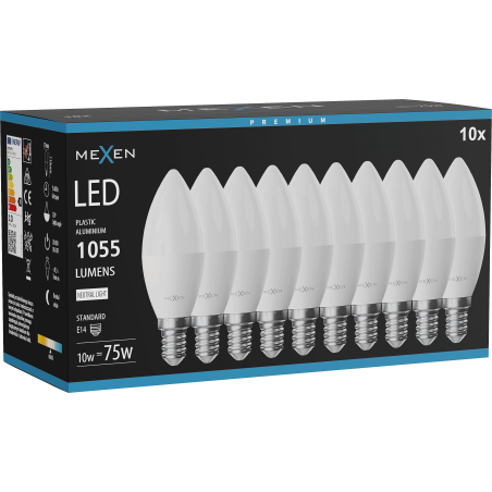 Mexen Nova 10x LED izzó E14, C37, 10W, Semleges - 4000K, 1055 lm - L102-E14-1040-01x10
