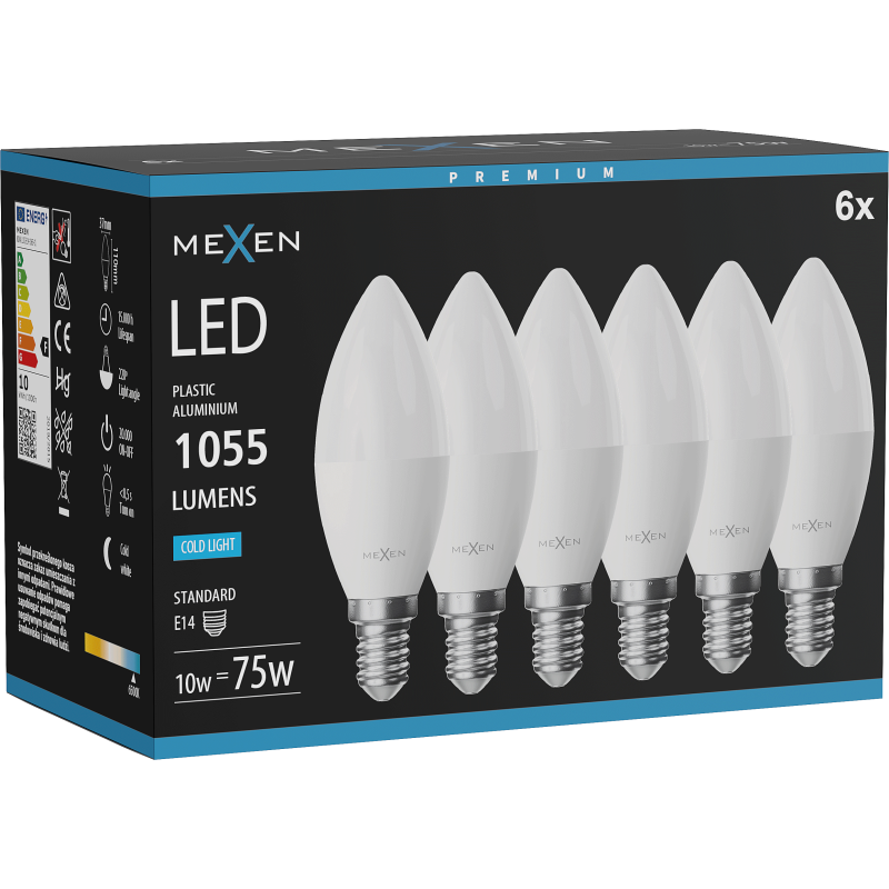 Mexen Nova 6x LED izzó E14, C37, 10W, Hideg - 6500K, 1055 lm - L102-E14-1065-01x06