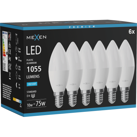 Mexen Nova 6x LED izzó E14, C37, 10W, Hideg - 6500K, 1055 lm - L102-E14-1065-01x06