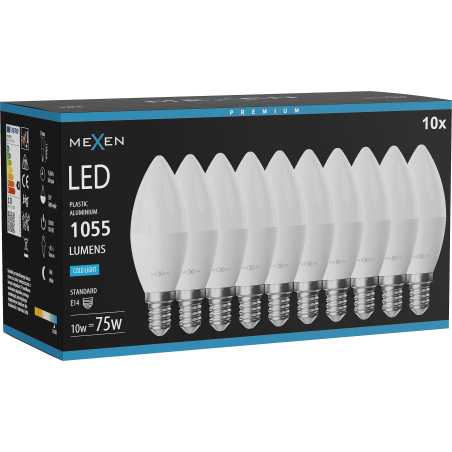 Mexen Nova 10x LED izzó E14, C37, 10W, Hideg - 6500K, 1055 lm - L102-E14-1065-01x10
