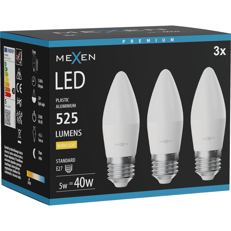 Mexen Nova 3x Bec LED E27, C37, 5W, Caldă - 3000K, 525 lm - L102-E27-0530-01x03