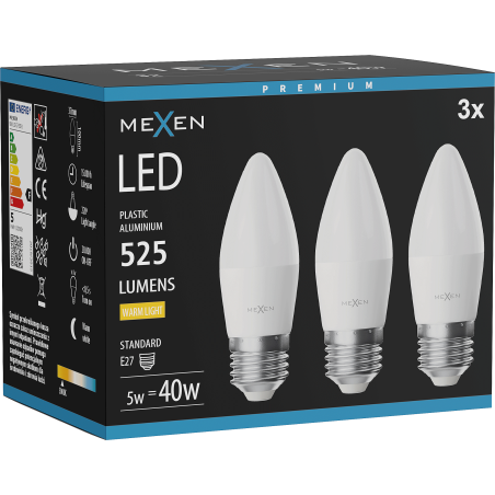 Mexen Nova 3x LED izzó E27, C37, 5W, Meleg - 3000K, 525 lm - L102-E27-0530-01x03
