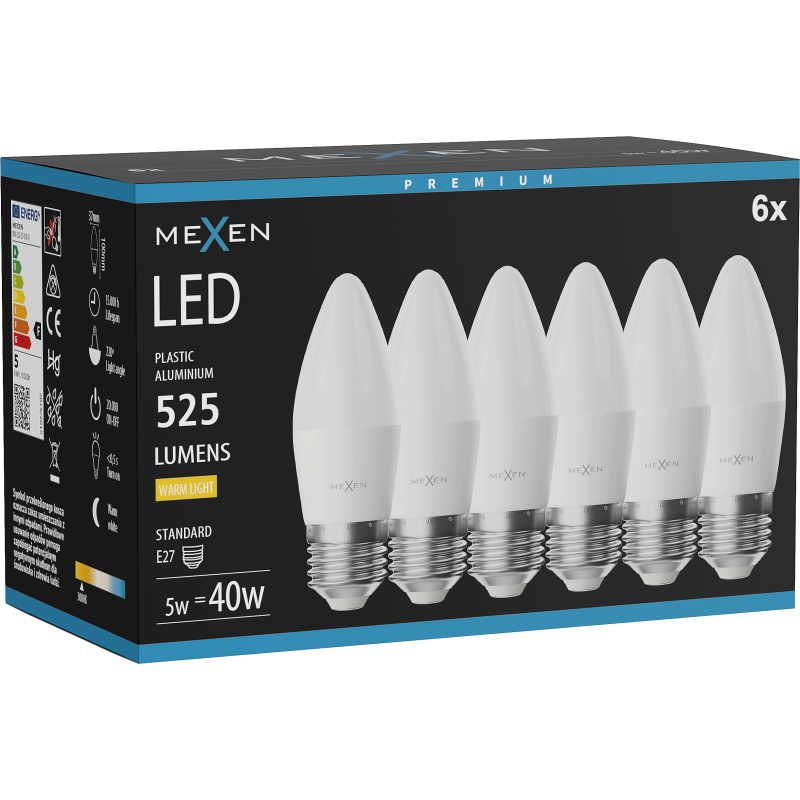 Mexen Nova 6x LED izzó E27, C37, 5W, Meleg - 3000K, 525 lm - L102-E27-0530-01x06