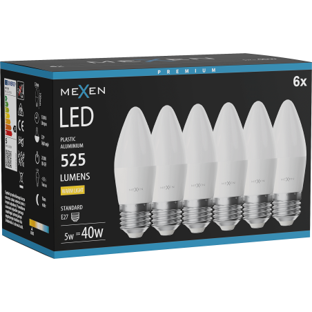 Mexen Nova 6x Bec LED E27, C37, 5W, Cald - 3000K, 525 lm - L102-E27-0530-01x06