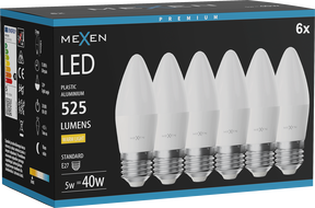 Mexen Nova 6x Bec LED E27, C37, 5W, Cald - 3000K, 525 lm - L102-E27-0530-01x06