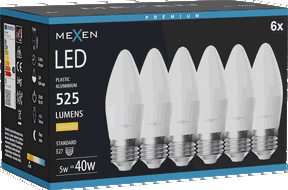 Mexen Nova 6x LED izzó E27, C37, 5W, Meleg - 3000K, 525 lm - L102-E27-0530-01x06