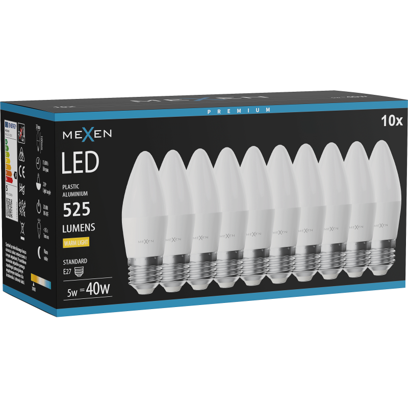 Mexen Nova 10x LED Izzó E27, C37, 5W, Meleg - 3000K, 525 lm - L102-E27-0530-01x10