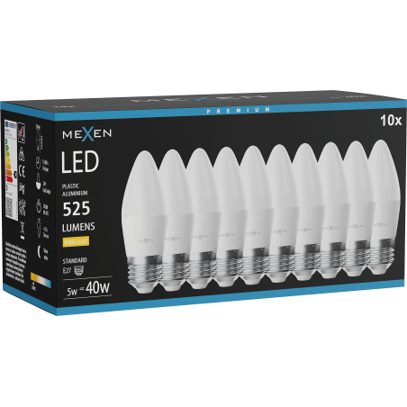 Mexen Nova 10x LED Izzó E27, C37, 5W, Meleg - 3000K, 525 lm - L102-E27-0530-01x10