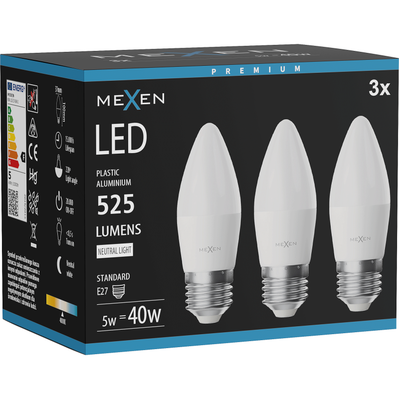 Mexen Nova 3x LED izzó E27, C37, 5W, Semleges - 4000K, 525 lm - L102-E27-0540-01x03