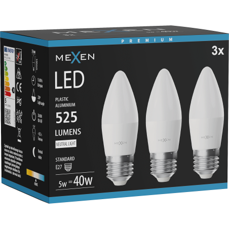 Mexen Nova 3x Bec LED E27, C37, 5W, Neutru - 4000K, 525 lm - L102-E27-0540-01x03