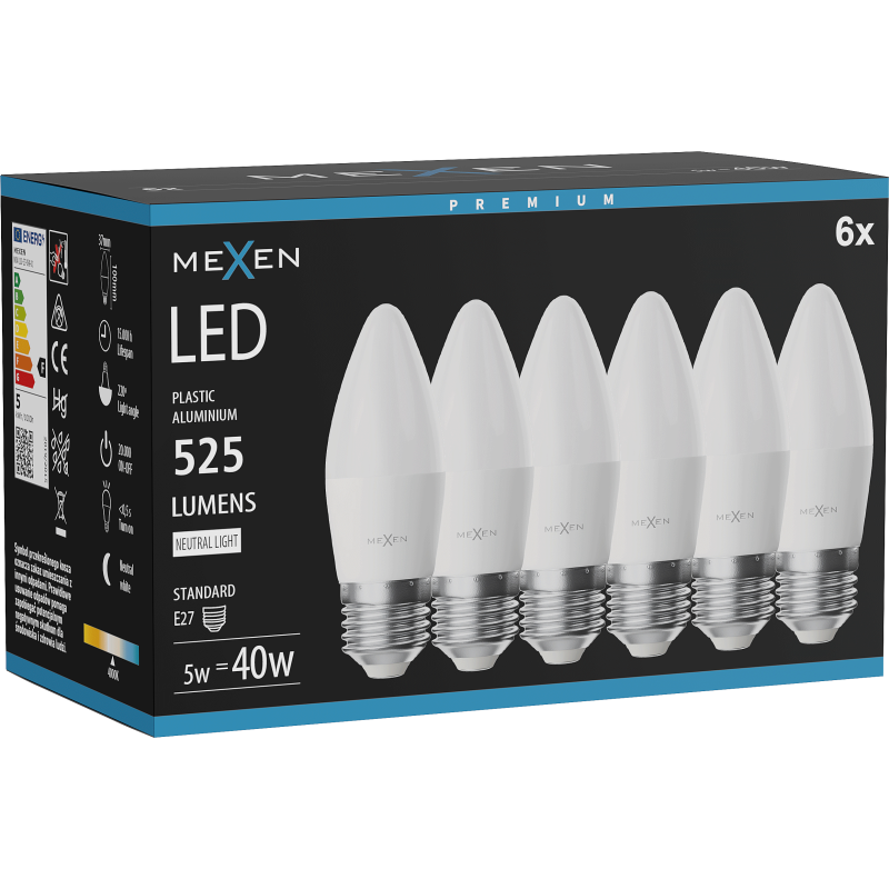 Mexen Nova 6x LED izzó E27, C37, 5W, Semleges - 4000K, 525 lm - L102-E27-0540-01x06