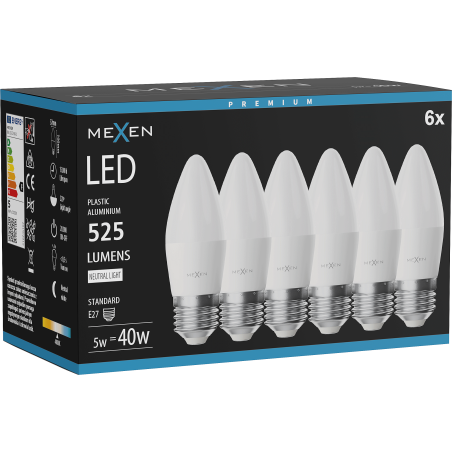 Mexen Nova 6x Bec LED E27, C37, 5W, Neutră - 4000K, 525 lm - L102-E27-0540-01x06