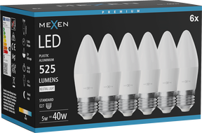 Mexen Nova 6x Bec LED E27, C37, 5W, Neutră - 4000K, 525 lm - L102-E27-0540-01x06