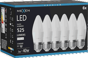 Mexen Nova 6x LED izzó E27, C37, 5W, Semleges - 4000K, 525 lm - L102-E27-0540-01x06