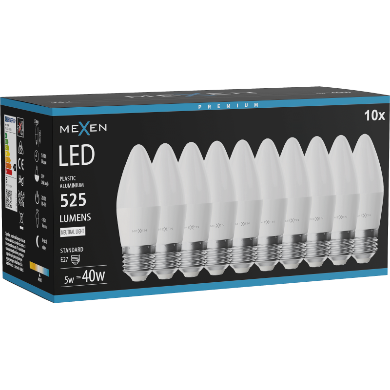 Mexen Nova 10x LED izzó E27, C37, 5W, Semleges - 4000K, 525 lm - L102-E27-0540-01x10