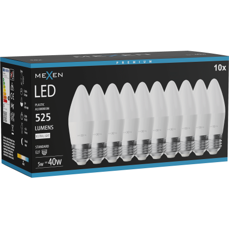 Mexen Nova 10x LED izzó E27, C37, 5W, Semleges - 4000K, 525 lm - L102-E27-0540-01x10