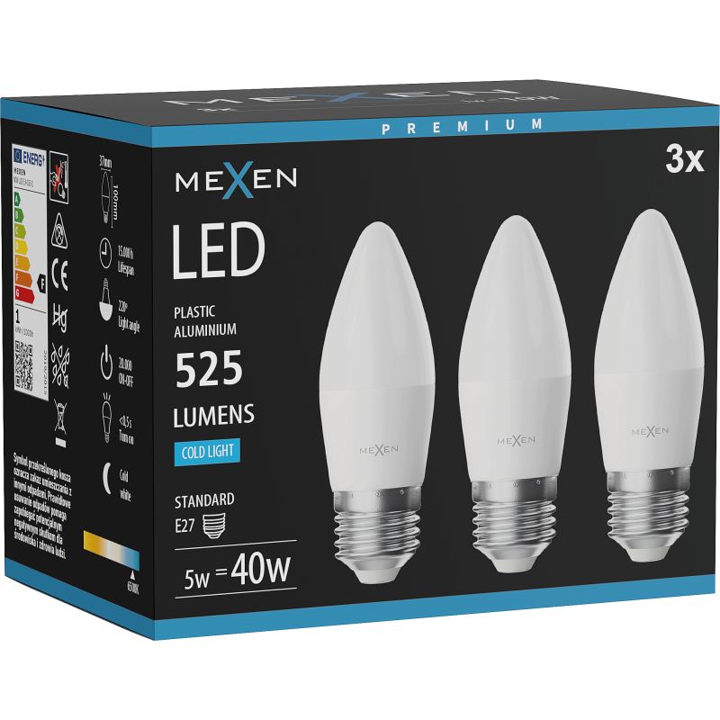 Mexen Nova 3x LED izzó E27, C37, 5W, Hideg - 6500K, 525 lm - L102-E27-0565-01x03