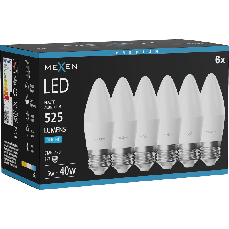 Mexen Nova 6x LED izzó E27, C37, 5W, Hideg - 6500K, 525 lm - L102-E27-0565-01x06