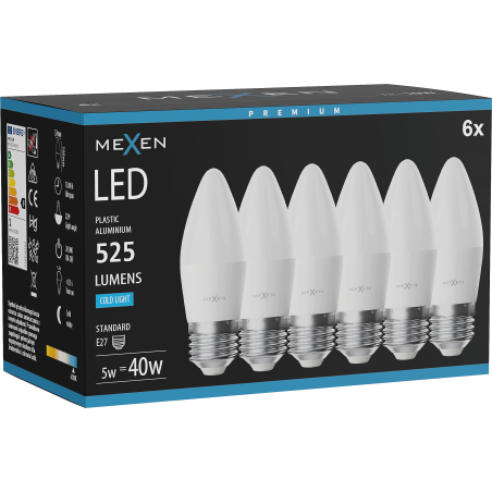 Mexen Nova 6x LED izzó E27, C37, 5W, Hideg - 6500K, 525 lm - L102-E27-0565-01x06