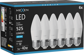 Mexen Nova 6x Bec LED E27, C37, 5W, Rece - 6500K, 525 lm - L102-E27-0565-01x06