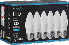 Mexen Nova 6x LED izzó E27, C37, 5W, Hideg - 6500K, 525 lm - L102-E27-0565-01x06