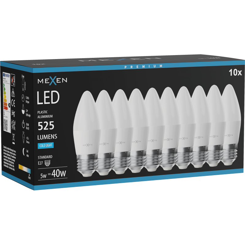 Mexen Nova 10x LED izzó E27, C37, 5W, Hideg - 6500K, 525 lm - L102-E27-0565-01x10