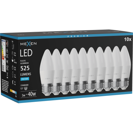 Mexen Nova 10x LED izzó E27, C37, 5W, Hideg - 6500K, 525 lm - L102-E27-0565-01x10