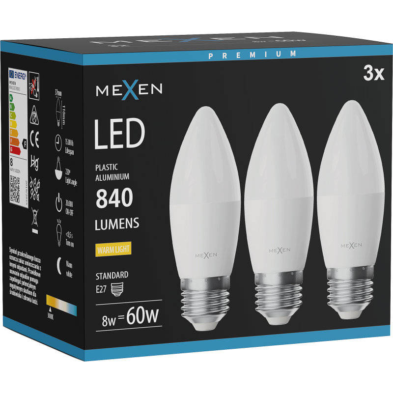Mexen Nova 3x Bec LED E27, C37, 8W, Caldă - 3000K, 840 lm - L102-E27-0830-01x03