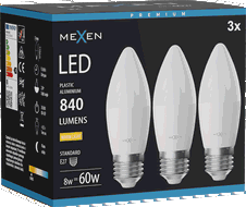 Mexen Nova 3x LED izzó E27, C37, 8W, Meleg - 3000K, 840 lm - L102-E27-0830-01x03