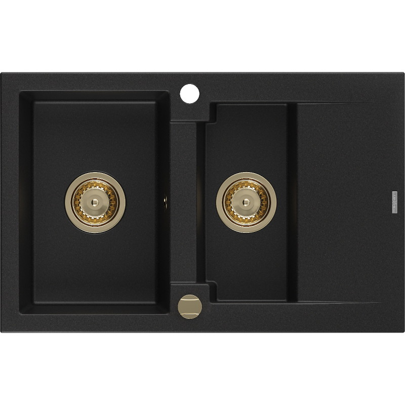 Mexen Gaspar 1,5-medencés gránit mosogató csepegtetővel 737 x 475 mm, fekete, arany szifon - 6507731505-77-G