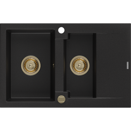 Mexen Gaspar 1.5-medencés gránit mosogató edényszárítóval 737 x 475 mm, Fekete, szifon Arany - 6507731505-77-G