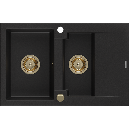 Mexen Gaspar chiuvetă din granit cu 1,5 compartimente cu picurător 737 x 475 mm, negru, sifon auriu - 6507731505-77-G