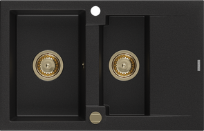 Mexen Gaspar 1.5-medencés gránit mosogató edényszárítóval 737 x 475 mm, Fekete, szifon Arany - 6507731505-77-G