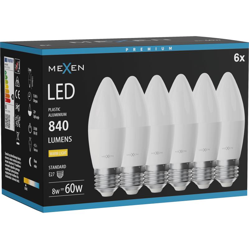 Mexen Nova 6x Bec LED E27, C37, 8W, Caldă - 3000K, 840 lm - L102-E27-0830-01x06