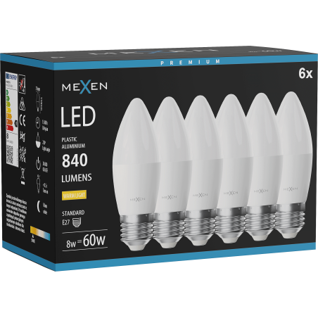 Mexen Nova 6x LED izzó E27, C37, 8W, Meleg - 3000K, 840 lm - L102-E27-0830-01x06