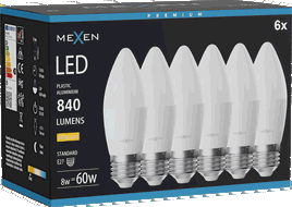 Mexen Nova 6x LED izzó E27, C37, 8W, Meleg - 3000K, 840 lm - L102-E27-0830-01x06
