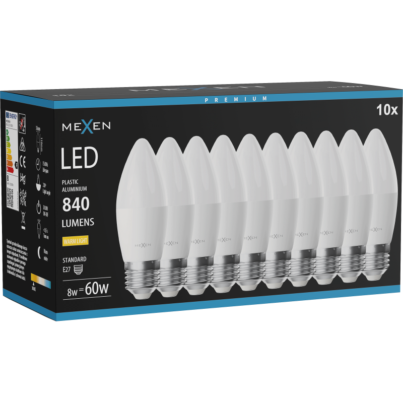 Mexen Nova 10x LED izzó E27, C37, 8W, Meleg - 3000K, 840 lm - L102-E27-0830-01x10