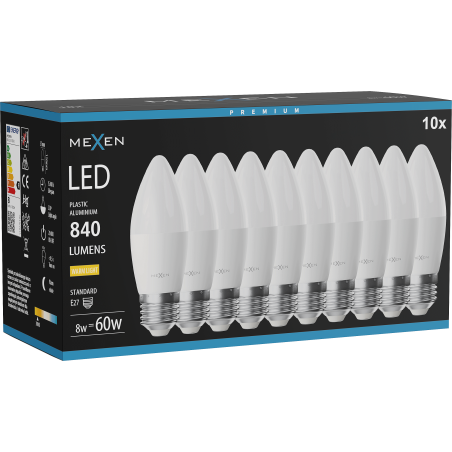 Mexen Nova 10x Bec LED E27, C37, 8W, Cald - 3000K, 840 lm - L102-E27-0830-01x10
