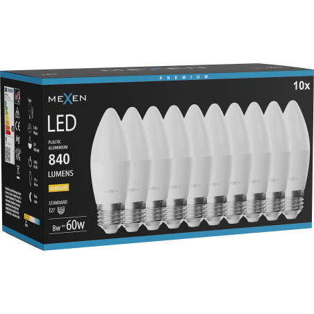 Mexen Nova 10x LED izzó E27, C37, 8W, Meleg - 3000K, 840 lm - L102-E27-0830-01x10