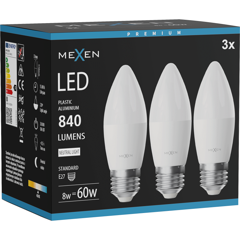 Mexen Nova 3x Bec LED E27, C37, 8W, Neutru - 4000K, 840 lm - L102-E27-0840-01x03