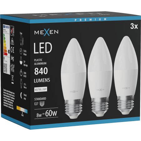 Mexen Nova 3x LED izzó E27, C37, 8W, Semleges - 4000K, 840 lm - L102-E27-0840-01x03