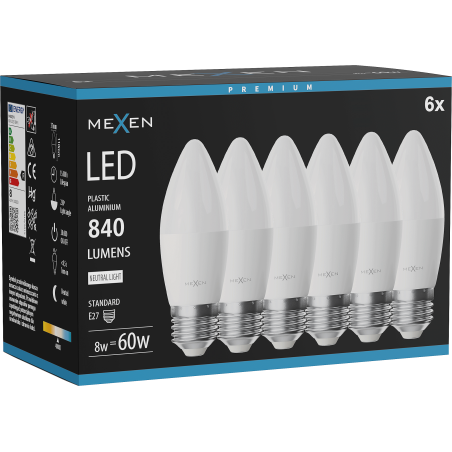 Mexen Nova 6x LED izzó E27, C37, 8W, Semleges - 4000K, 840 lm - L102-E27-0840-01x06