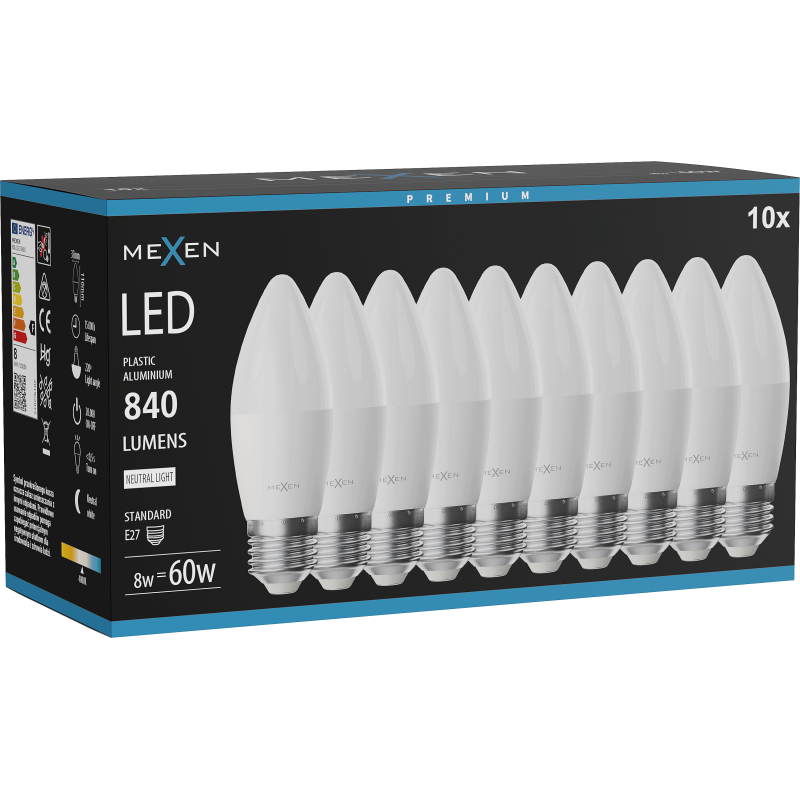 Mexen Nova 10x LED izzó E27, C37, 8W, Semleges - 4000K, 840 lm - L102-E27-0840-01x10