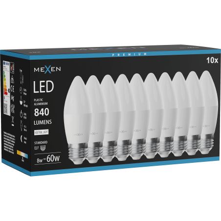 Mexen Nova 10x LED izzó E27, C37, 8W, Semleges - 4000K, 840 lm - L102-E27-0840-01x10