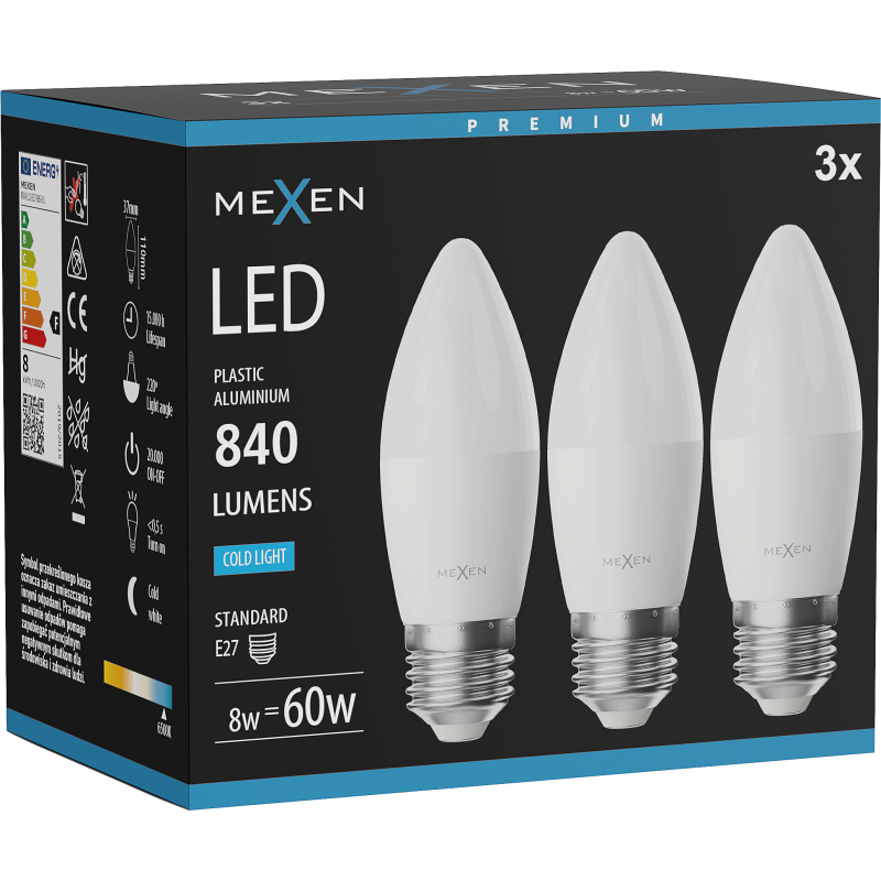 Mexen Nova 3x Bec LED E27, C37, 8W, Rece - 6500K, 840 lm - L102-E27-0865-01x03