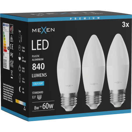 Mexen Nova 3x LED Izzó E27, C37, 8W, Hideg - 6500K, 840 lm - L102-E27-0865-01x03