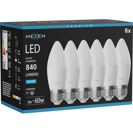 Mexen Nova 6x Bec LED E27, C37, 8W, Rece - 6500K, 840 lm - L102-E27-0865-01x06