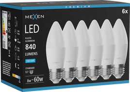 Mexen Nova 6x Bec LED E27, C37, 8W, Rece - 6500K, 840 lm - L102-E27-0865-01x06