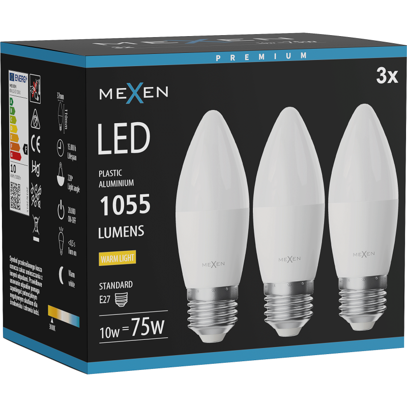 Mexen Nova 3x Bec LED E27, C37, 10W, Caldă - 3000K, 1055 lm - L102-E27-1030-01x03